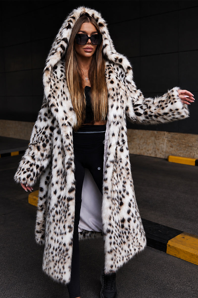 Faux Lynx Fur Coat Women's Hooded Long Overcoat with Belt Front View