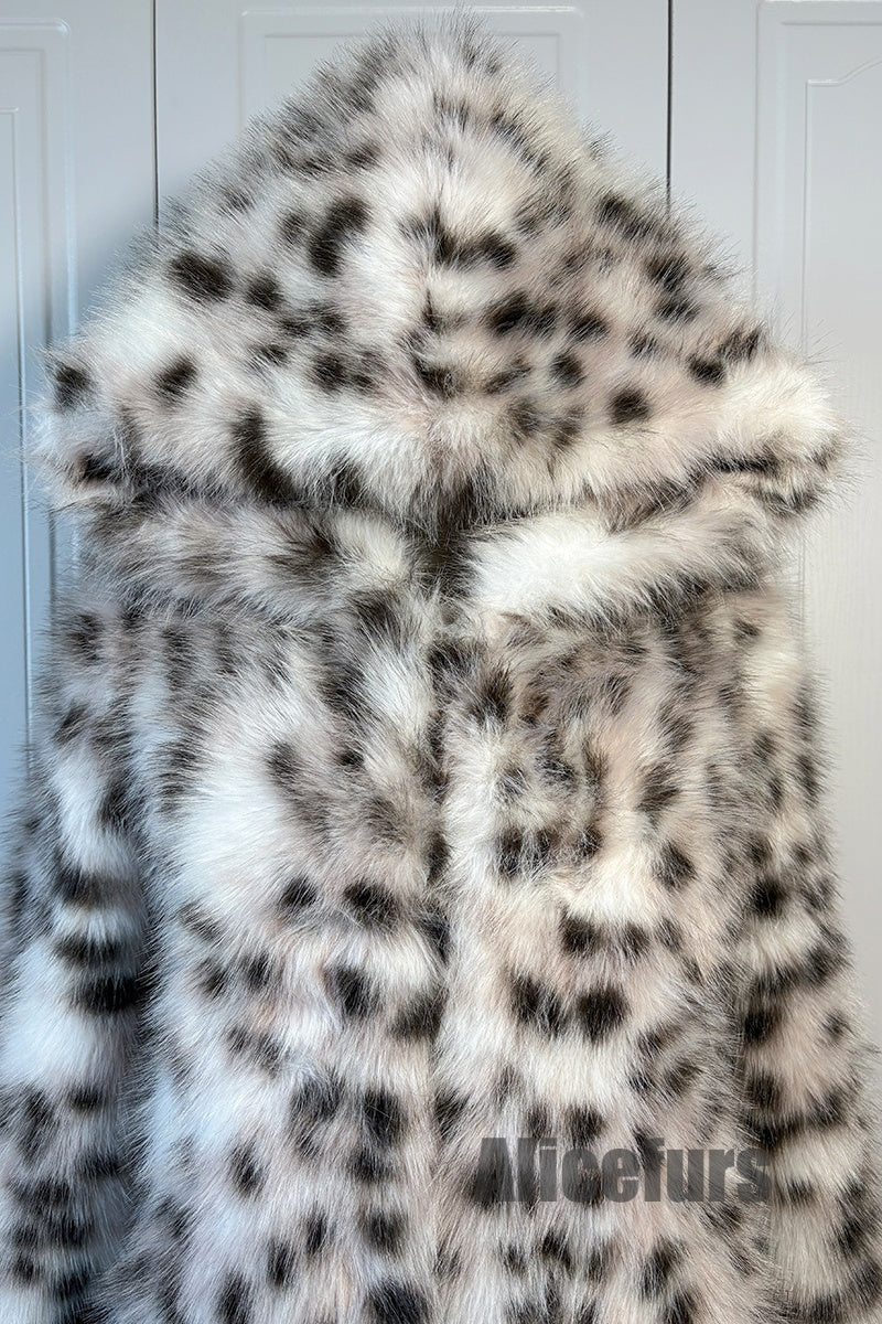 Faux Lynx Fur Coat Women's Hooded Long Overcoat with Belt