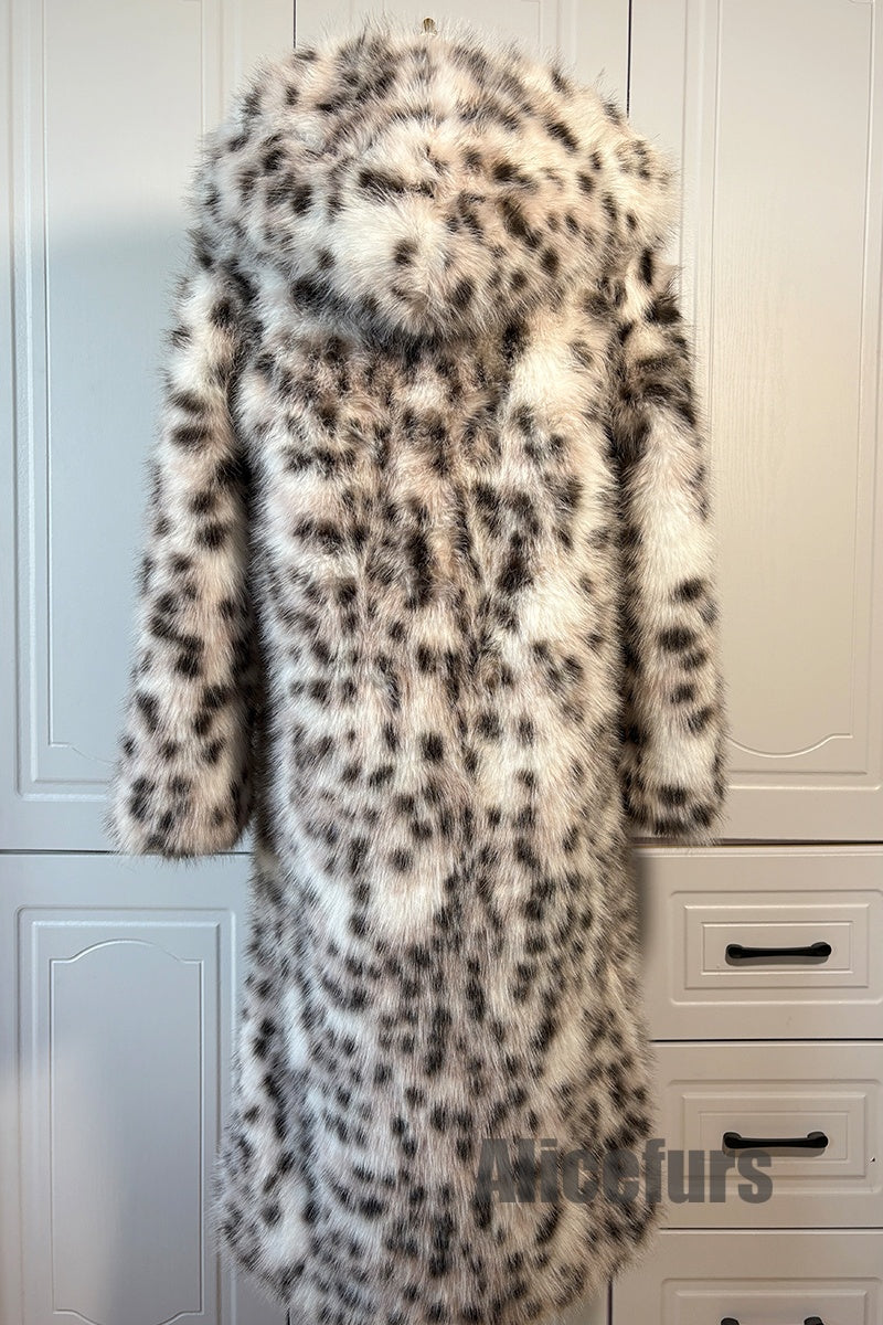 Faux Lynx Fur Coat Women's Hooded Long Overcoat with Belt