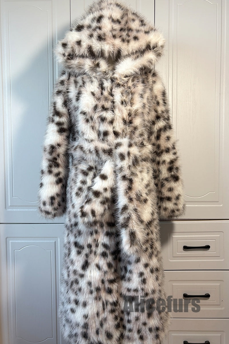 Faux Lynx Fur Coat Women's Hooded Long Overcoat with Belt