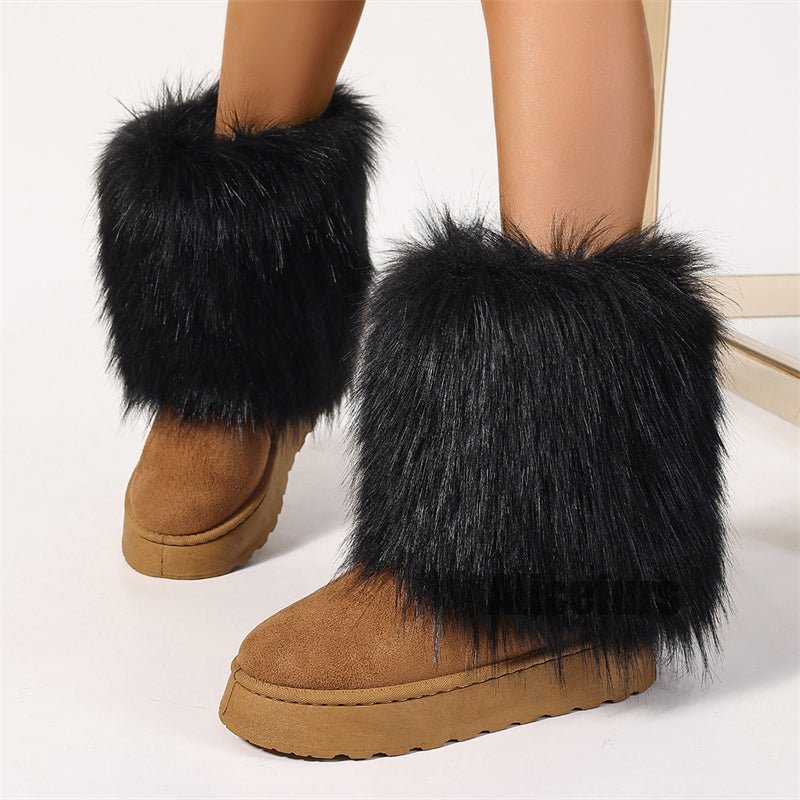 Suede Snow Boots with Fluffy Fur Cuffs for Women