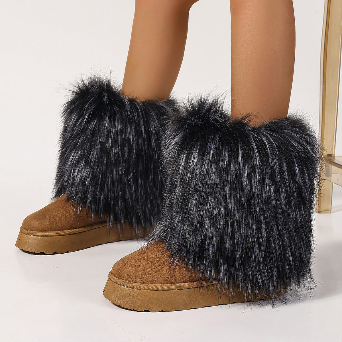 Suede Snow Boots with Fluffy Fur Cuffs for Women