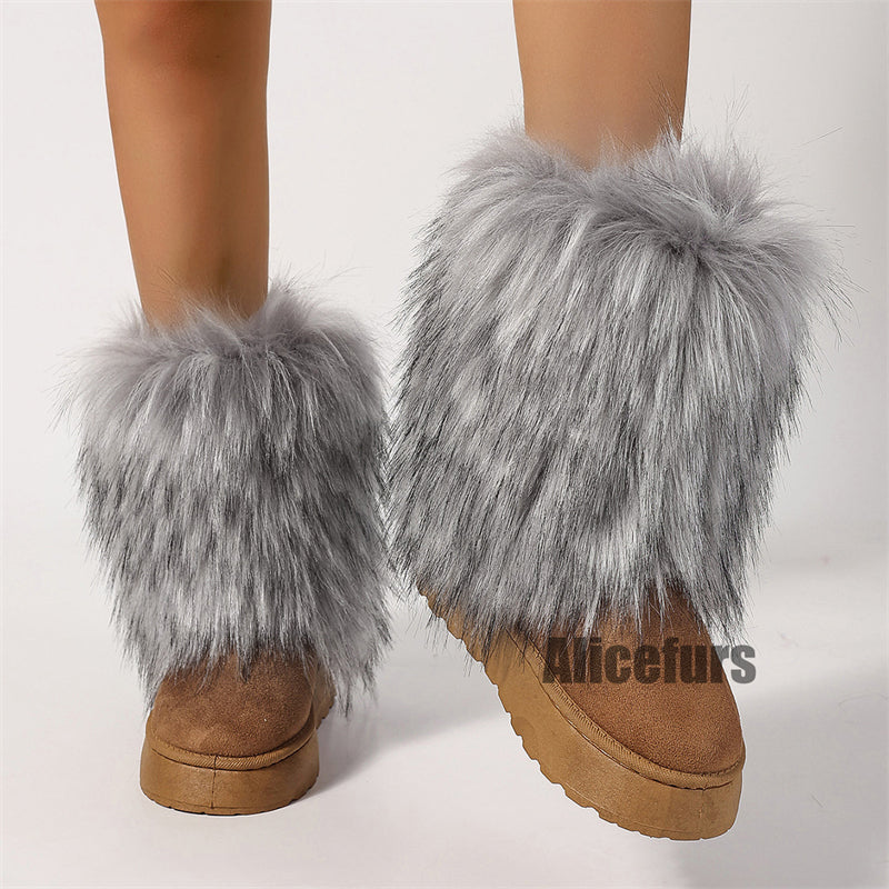 Suede Snow Boots with Fluffy Fur Cuffs for Women