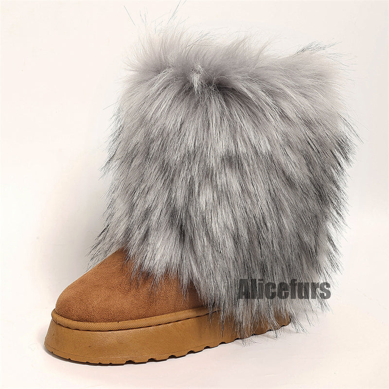 Suede Snow Boots with Fluffy Fur Cuffs for Women