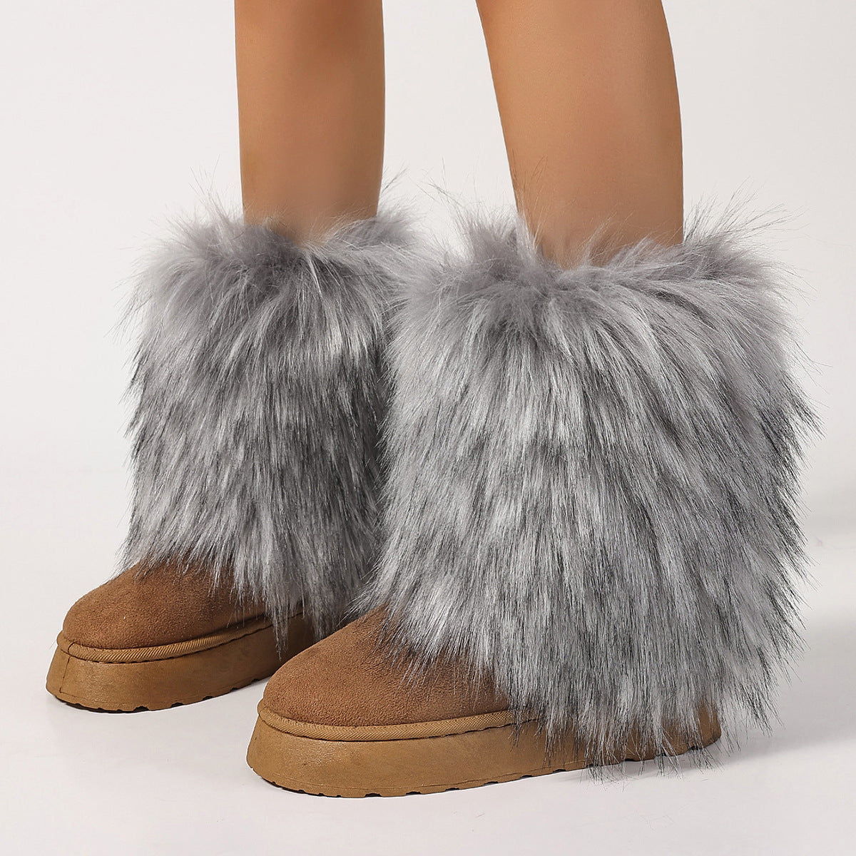 Suede Snow Boots with Fluffy Fur Cuffs for Women