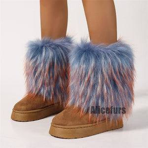 suede snow boots with fluffy fur cuffs for women in orange blue Alicefurs