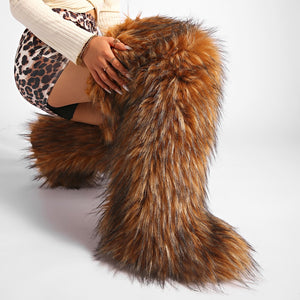 thigh fur boots y2k winter fluffy boots for women in brown 2 Alicefurs