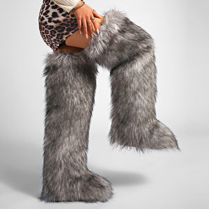 thigh fur boots y2k winter fluffy boots for women in grey 1 Alicefurs