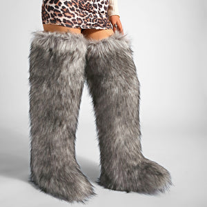 thigh fur boots y2k winter fluffy boots for women in grey Alicefurs