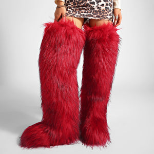 thigh fur boots y2k winter fluffy boots for women in red Alicefurs
