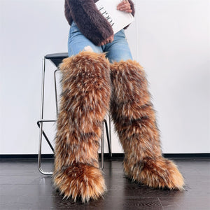 thigh high fur boots winter tall fluffy boots for women in chocolate Alicefurs