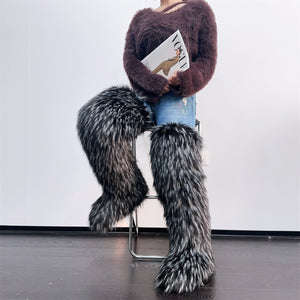 thigh high fur boots winter tall fluffy boots for women in dusty black Alicefurs