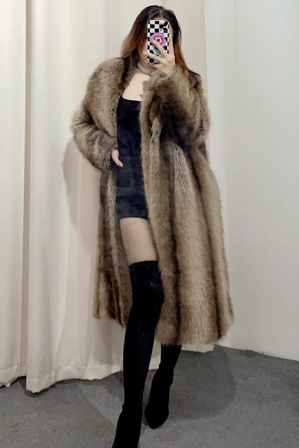 Vintage Faux Fur Coat Brown Shawl Collar Long Overcoat for Women