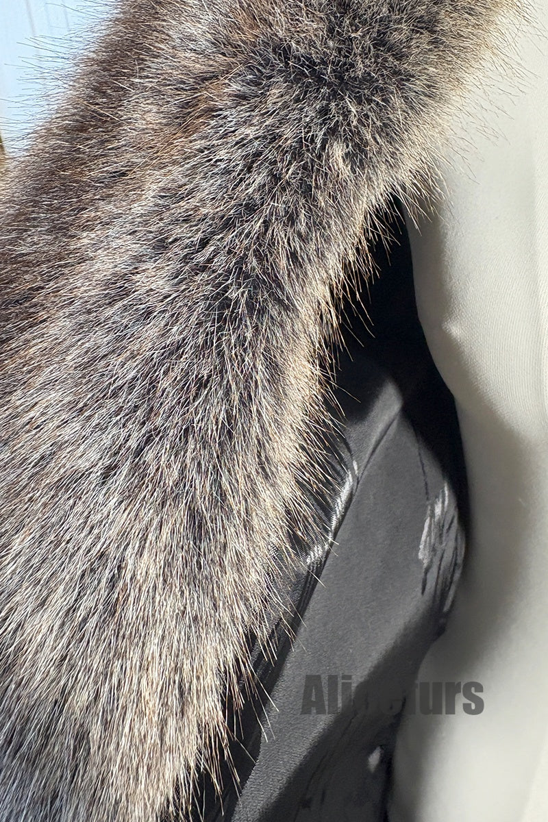 Vintage Faux Fur Coat Brown Shawl Collar Long Overcoat for Women