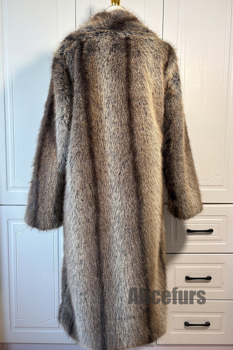 Vintage Faux Fur Coat Brown Shawl Collar Long Overcoat for Women