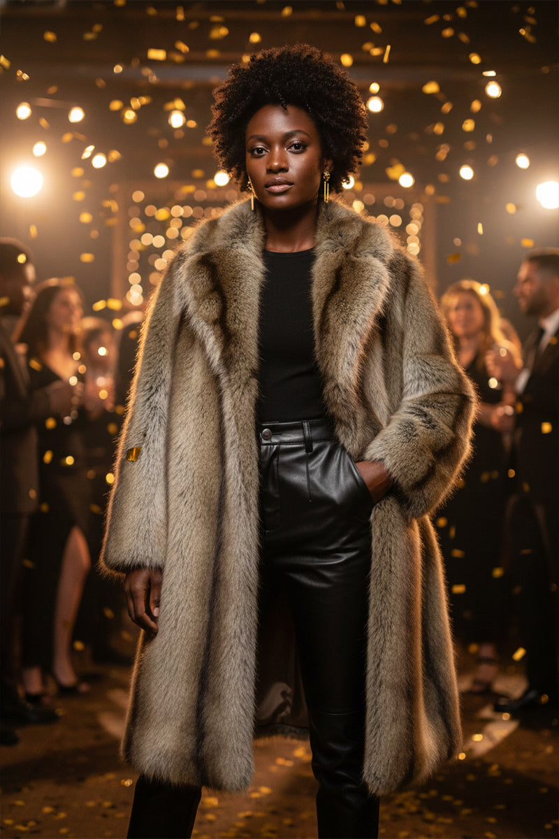 Vintage Faux Fur Coat Brown Shawl Collar Long Overcoat for Women