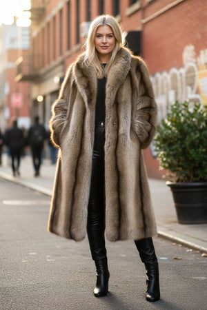 vintage faux fur coat brown shawl collar long overcoat for women 16 Alicefurs