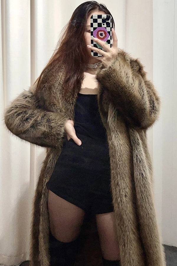 Vintage Faux Fur Coat Brown Shawl Collar Long Overcoat for Women