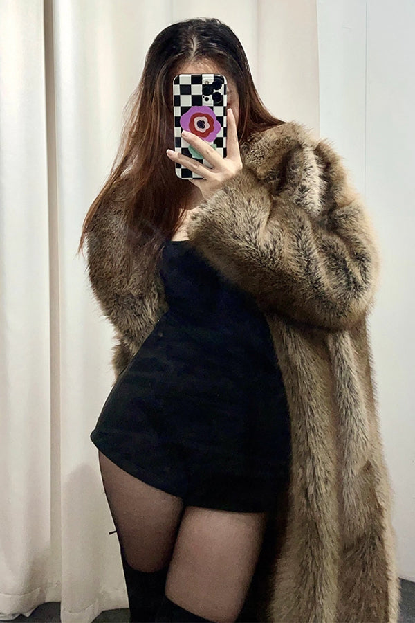 Vintage Faux Fur Coat Brown Shawl Collar Long Overcoat for Women