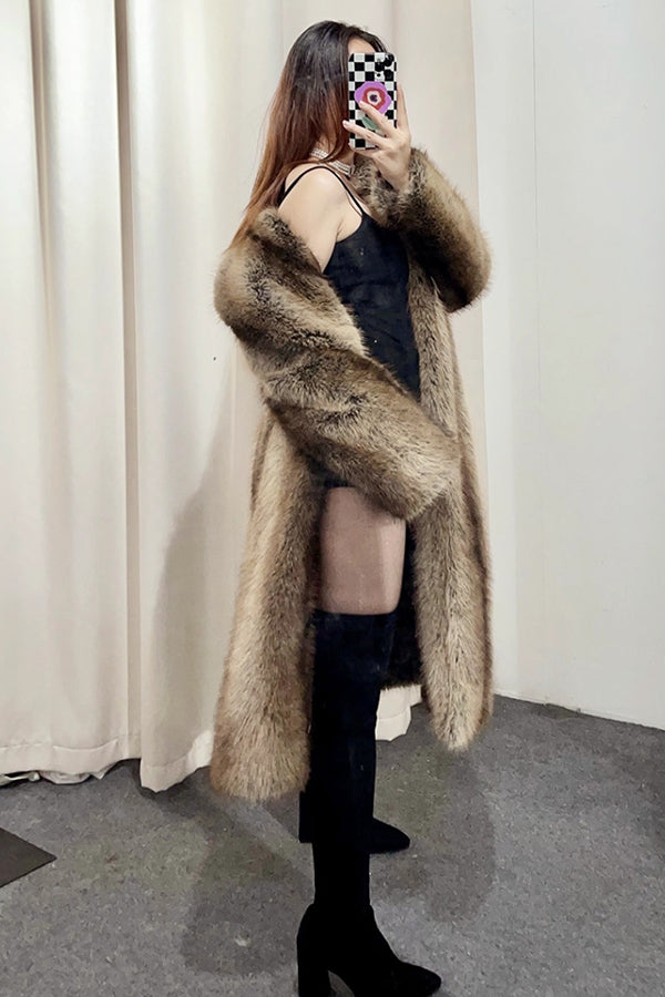 Vintage Faux Fur Coat Brown Shawl Collar Long Overcoat for Women