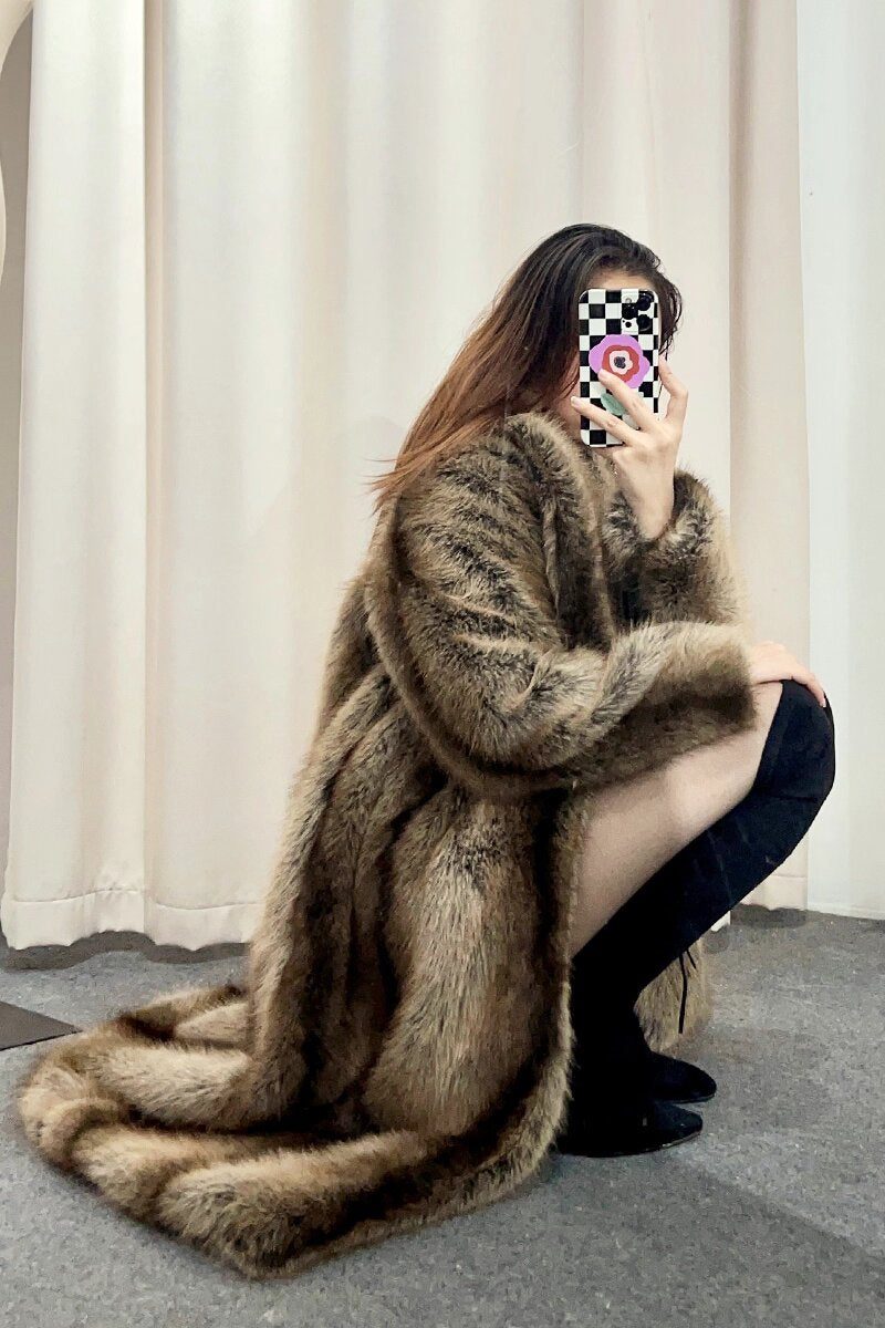 Vintage Faux Fur Coat Brown Shawl Collar Long Overcoat for Women