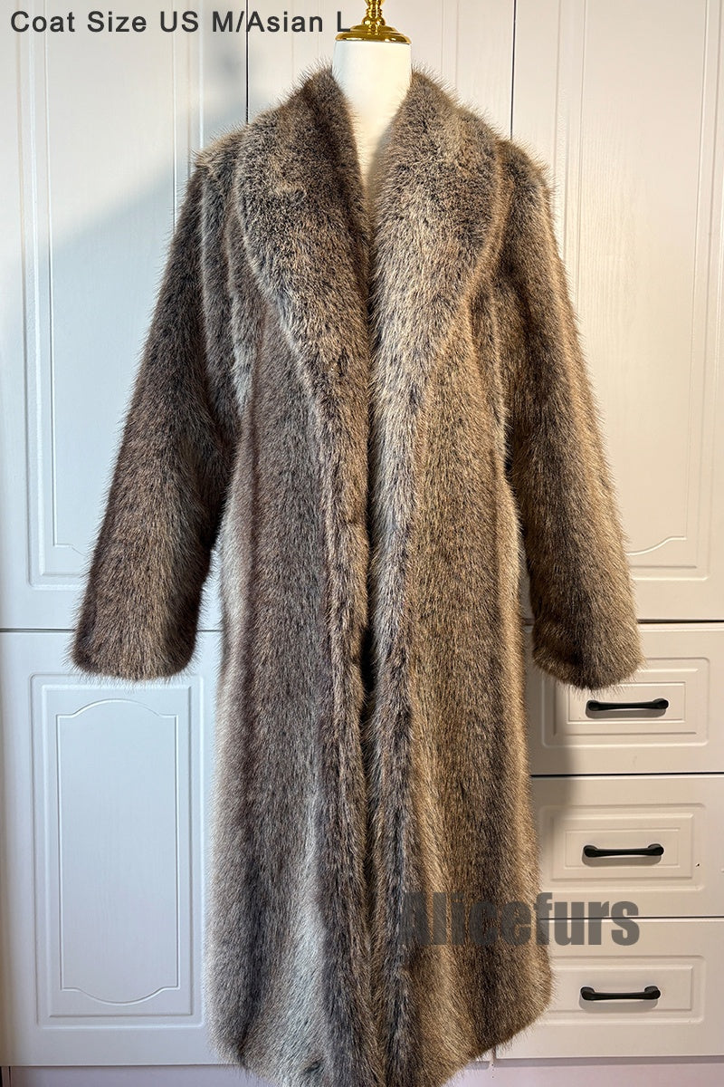 Vintage Faux Fur Coat Brown Shawl Collar Long Overcoat for Women