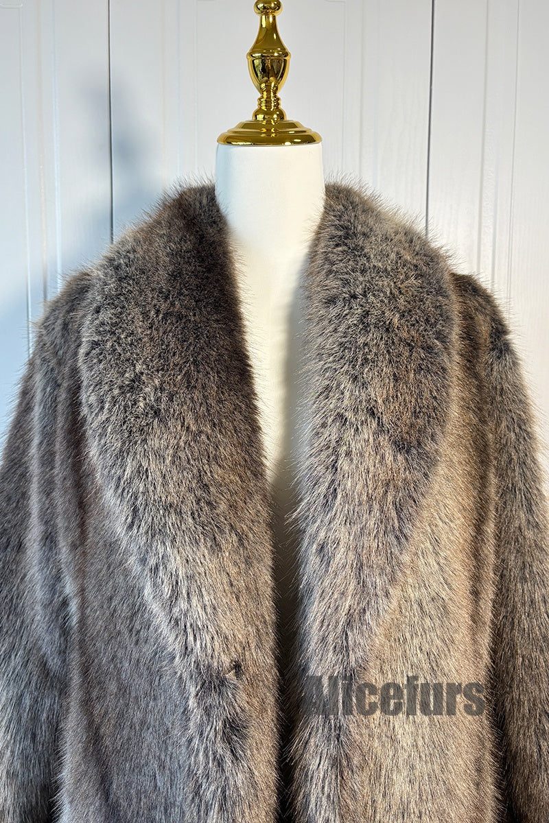 Vintage Faux Fur Coat Brown Shawl Collar Long Overcoat for Women