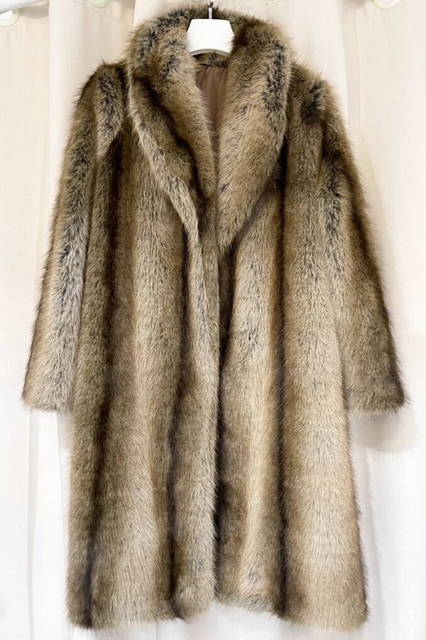 Vintage Faux Fur Coat Brown Shawl Collar Long Overcoat for Women