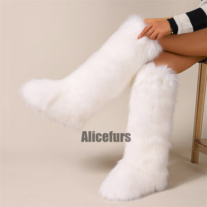 white fur boots in knee high length for women 3 Alicefurs