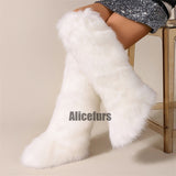 White Fur Boots in Knee High Length for Women