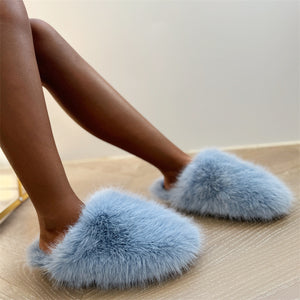winter faux fur slippers for women in blue Alicefurs