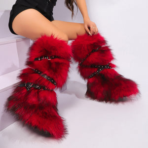 winter flat tall furry boots with wrap buckle straps in blackish red 8 Alicefurs