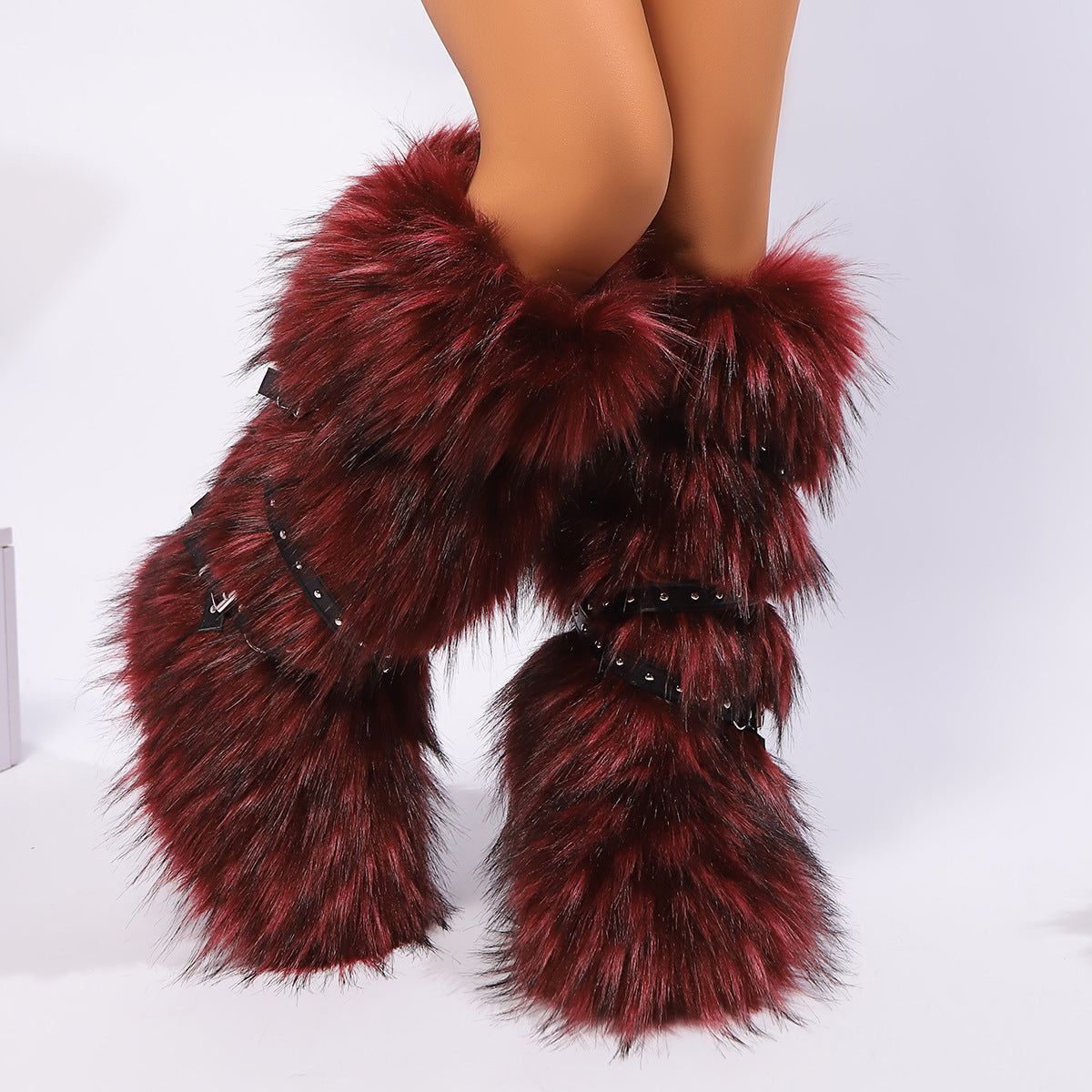 Winter Flat Tall Furry Boots with Wrap Buckle Straps