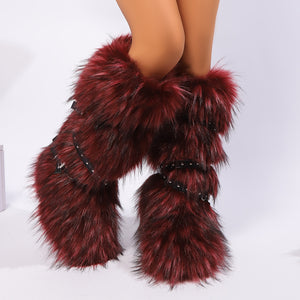 winter flat tall furry boots with wrap buckle straps in burgundy 2 Alicefurs