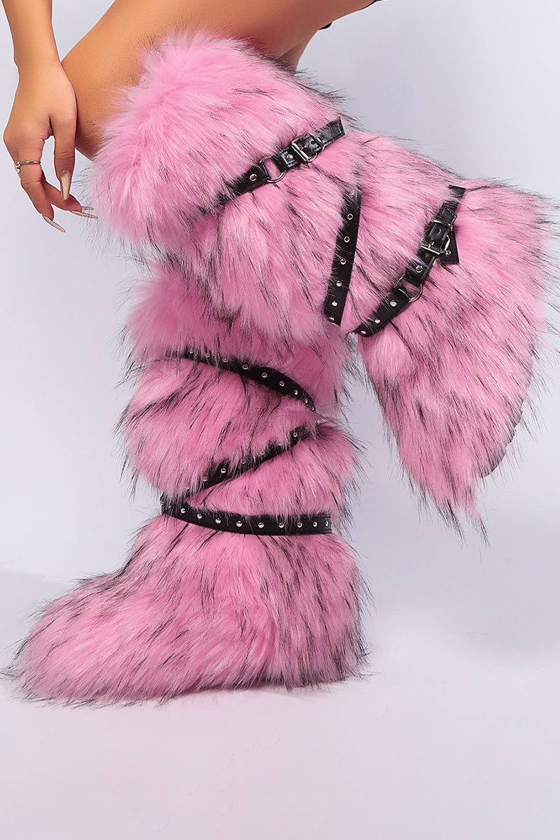 Winter Flat Tall Furry Boots with Wrap Buckle Straps