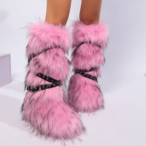 winter flat tall furry boots with wrap buckle straps in dusty pink 5 Alicefurs