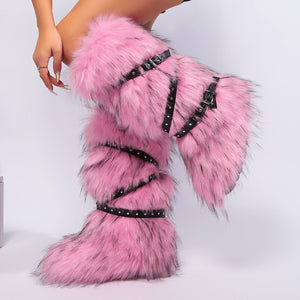 winter flat tall furry boots with wrap buckle straps in dusty pink 6 Alicefurs