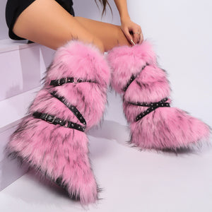 winter flat tall furry boots with wrap buckle straps in dusty pink 7 Alicefurs