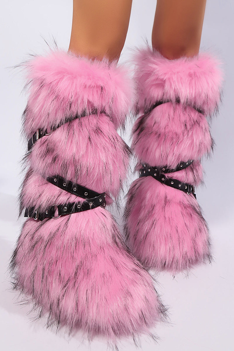 Winter Flat Tall Furry Boots with Wrap Buckle Straps