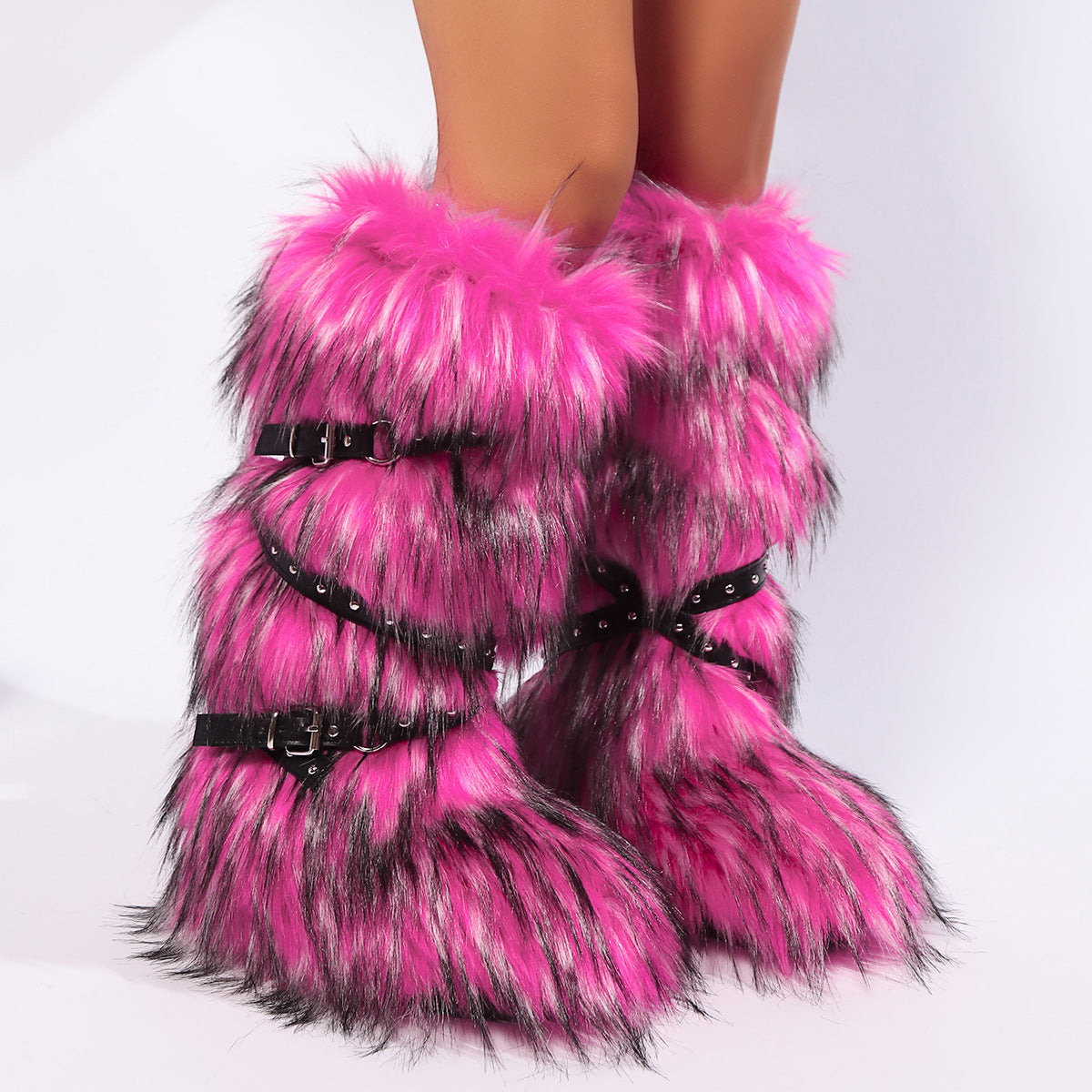 Winter Flat Tall Furry Boots with Wrap Buckle Straps
