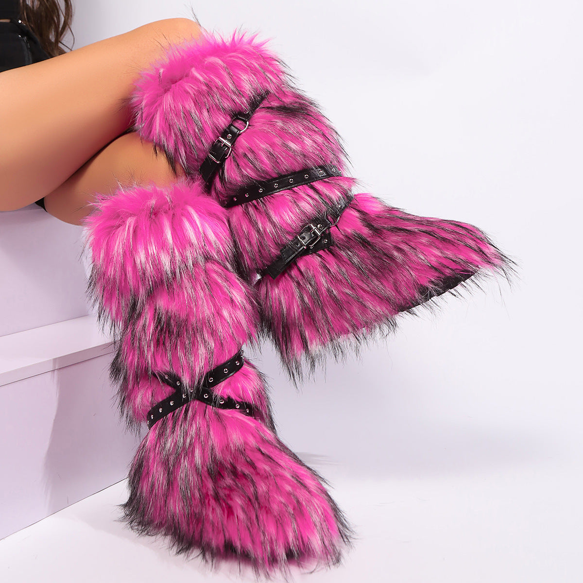 Winter Flat Tall Furry Boots with Wrap Buckle Straps