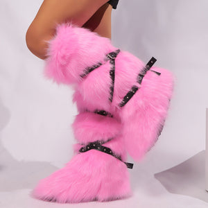 winter flat tall furry boots with wrap buckle straps in pink 7 Alicefurs