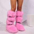 winter flat tall furry boots with wrap buckle straps in pink 8 Alicefurs