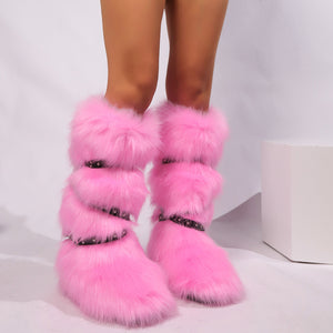 winter flat tall furry boots with wrap buckle straps in pink 8 Alicefurs