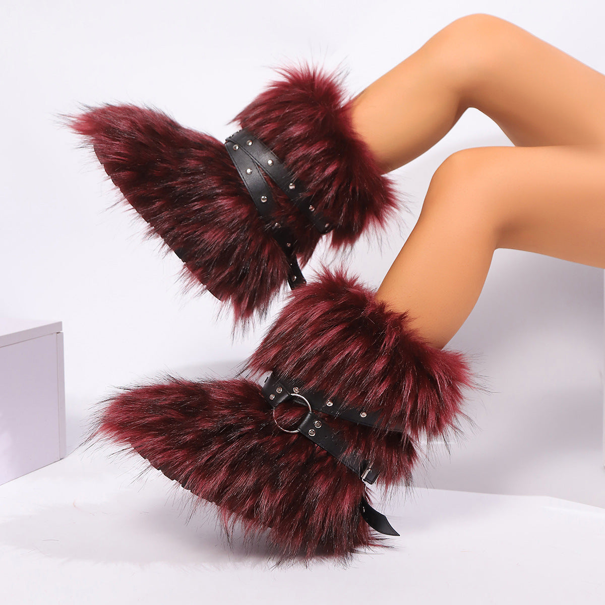 Winter Fur Boots with Wrap Buckle Straps Fluffy Mid-Calf Boots for Women