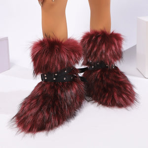 winter fur boots with wrap buckle straps fluffy mid calf boots for women in burgundy Alicefurs