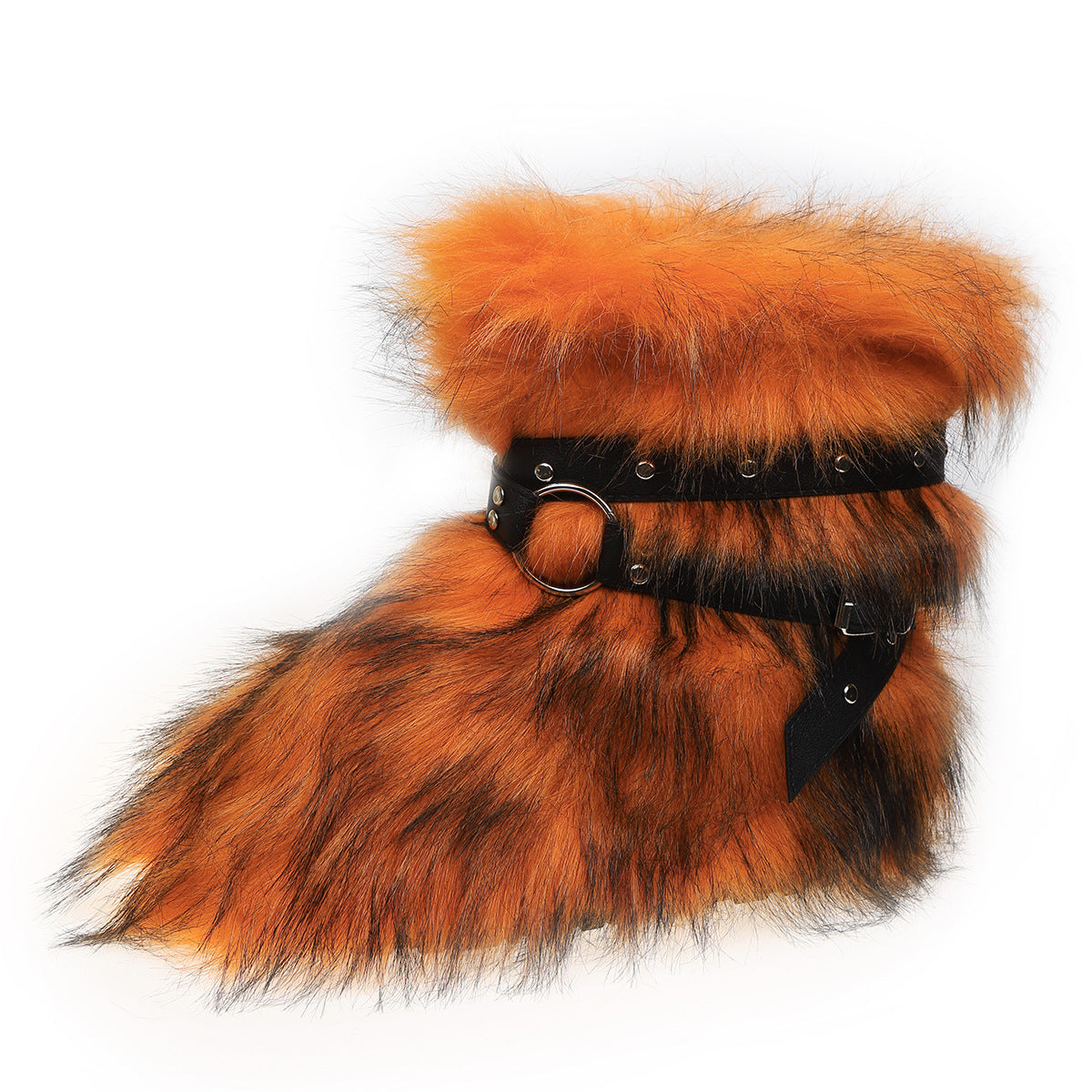 Winter Fur Boots with Wrap Buckle Straps Fluffy Mid-Calf Boots for Women