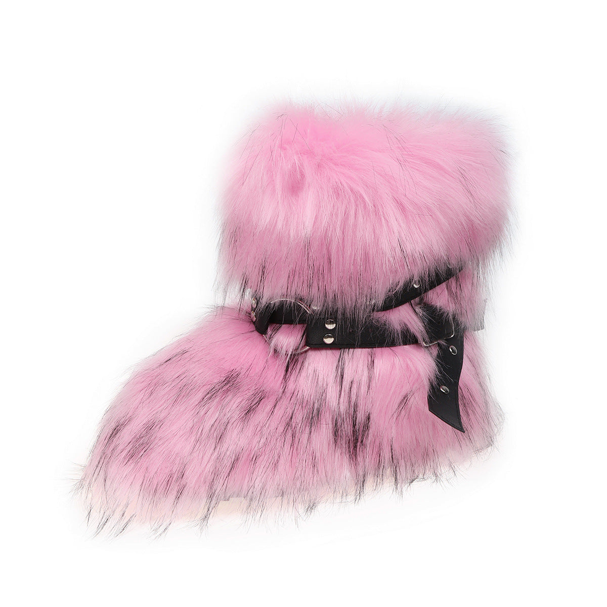 Winter Fur Boots with Wrap Buckle Straps Fluffy Mid-Calf Boots for Women