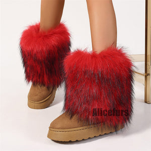 winter y2k suede boots with fur cuffs for women in red Alicefurs