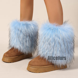 winter y2k suede boots with fur cuffs for women in sky blue Alicefurs